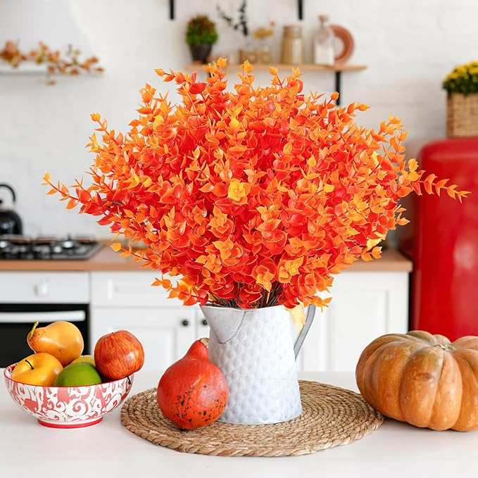 AmyHomie 20 Bundles Orange Fall Decor Artificial Flowers for Outdoor UV Resistant Faux Eucalyptus No Fade Fake Mums Plastic Plants Garden Porch Window Box Decorating