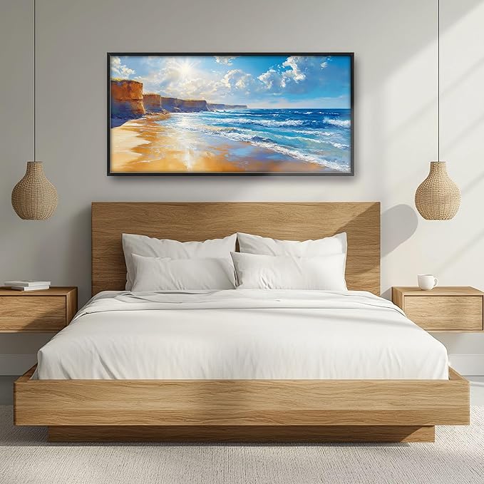 Coastal Beach Large Wall Art for Living Room, Ocean Sun Oversized Wall Decor Pictures, Seaside Framed Canvas Print Painting, Modern Artwork for Bedroom Office Home Decor 60"x30"