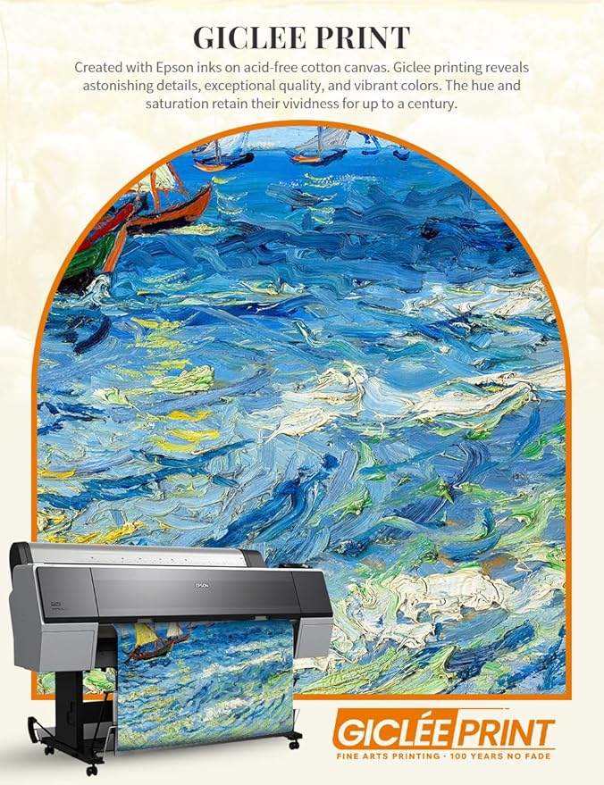 DECORARTS - Vincent van Gogh's Fishing Boats at Sea, Museum-Quality Giclee Canvas Print in Gold Solid Wood Frame, 34.75 x 28.75 in, Ready to Hang, Made in USA