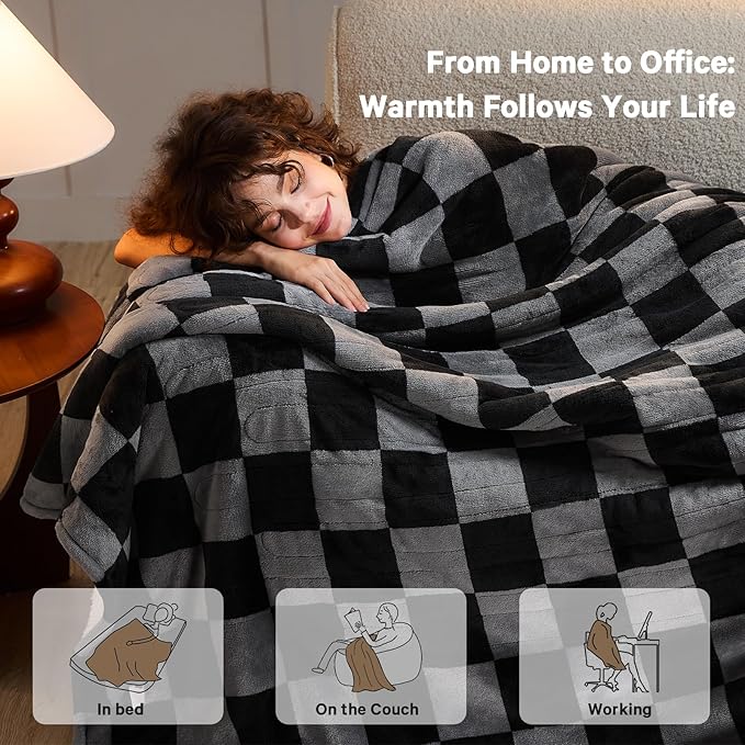 Heated Electric Blanket Twin Size, 62X84 Heating Blanket with 10 Heat Level & 8 Hours Auto Off, Black Gray Checkered Plaid Soft Fleece Sherpa Blankets Warmer Gifts for Couch Grandma Women Adults, ETL