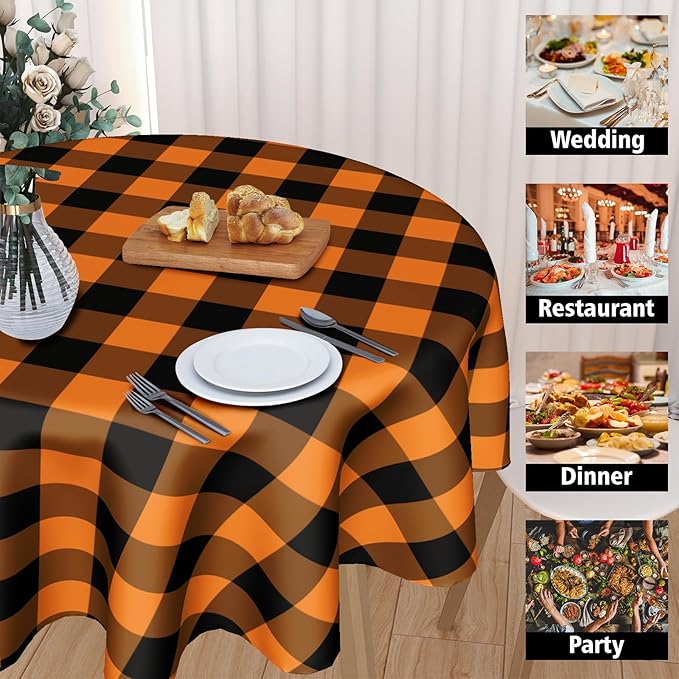 Halloween Tablecloth Round 60 Inch Black Orange Buffalo Plaid Round Table Cloth Autumn Thanksgiving Plaid Table Cloth Fall Autumn Table Covers for Kitchen Dining Room Holiday Party Picnic Decorations