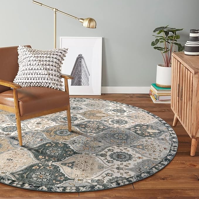 Lahome Moroccan Trellis Washable Round Area Rug, Soft Round Rugs 6ft Ultra-Thin Non-Slip, Vintage Large Circle Carpet for Bedroom Living Room Kitchen Nursery, Grey