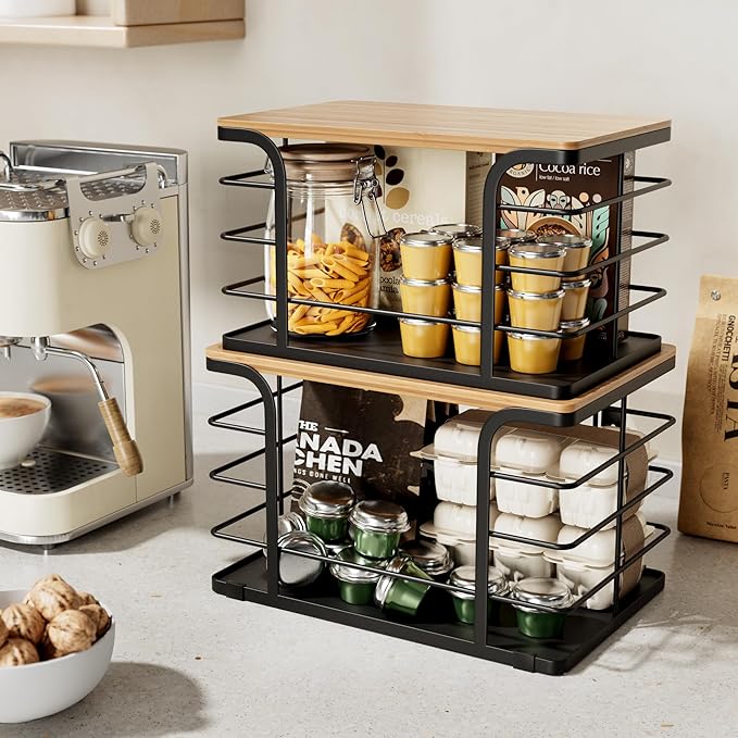 2 Pack Potato and Onion Storage Bin,Stackable Pantry Organizers and Storage with PP Liner and Bamboo Top,Kitchen Organization Counter Basket for Fruits,Produce,Vegetable, Black