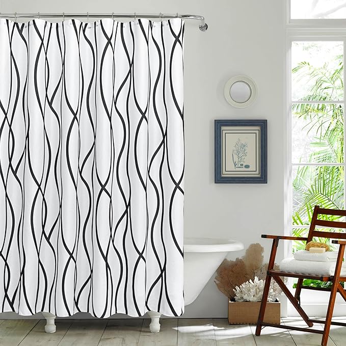 Biscaynebay Textured Fabric Shower Curtain 72 Inches by 72 Inches, Black Printed Striped Linen Modern Hotel Luxury Quality Cloth Bathroom Curtains Machine Washable