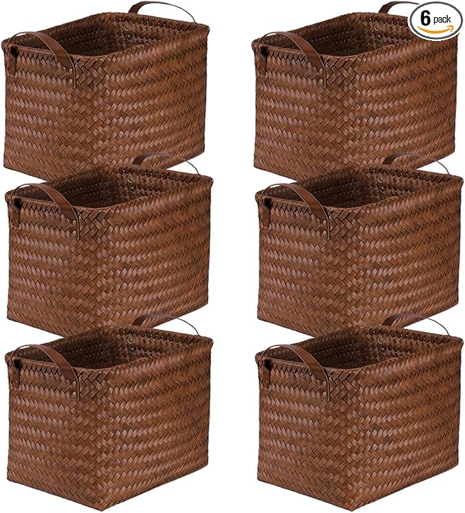 BROWNLILY Handwoven Clothes Basket Laundry Hampers Large Wicker Storage Baskets for Shelves Blankets Closet Storage Bins Car Bedroom Bathroom Organizers and Storage Bath (6, Brown)