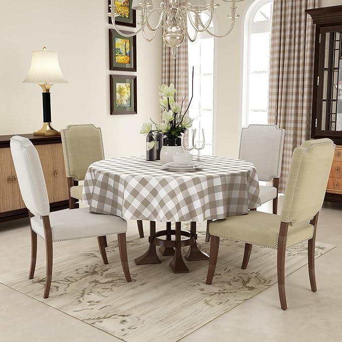 misaya Round Waterproof Vinyl Table Cloth, Buffalo Flannel Backed Tablecloth, Wipeable Plastic Table Cover for Fall, Thanksgiving (60", Khaki and White)