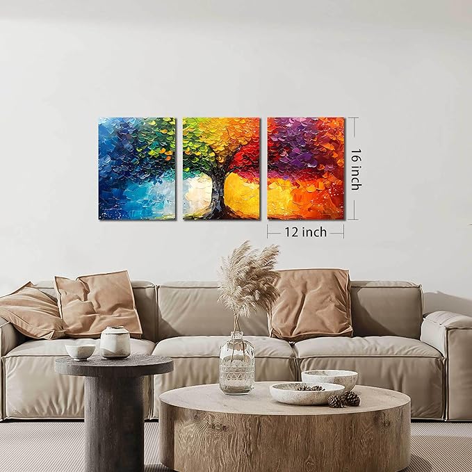 Tree Pictures Wall Art for Living Room - Modern Wall Decor for Office Women - Colorful Wall Decor for Bedroom Size 12" x 16" x 3 Pieces