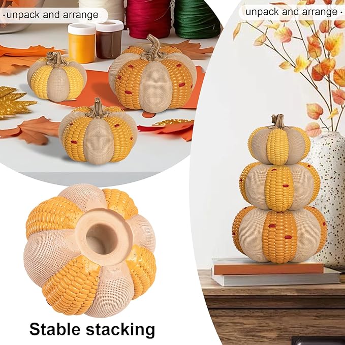 Set of 3 Decorative Corn Pumpkins, Fall Resin Stackable Pumpkins for Decorating, Thanksgiving Harvest Autumn Seasonal Outdoor Porch Decor, Indoor Table Centerpiece Mantel Home Decorations