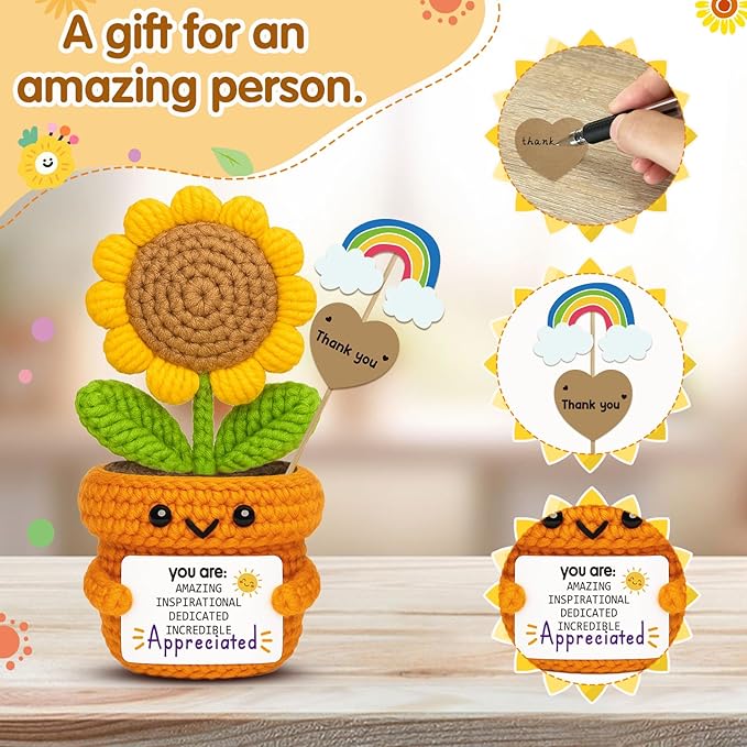 Crochet Sunflower Affirmation Doll – You are Amazing Inspirational Appreciated – Thank You Gift for Teacher, Mentor, Coworker, Recognition Decor for Retirement, Farewell, Christmas, Thanksgiving