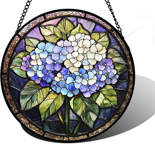 Stained Glass Window Hanging, Hydrangea Flowers Sun Catchers Diamond Glass Panel Hangings Plant Suncatcher Decor for Birthday for Women, Men, Wife, Aunt, and Mom 6.3 in