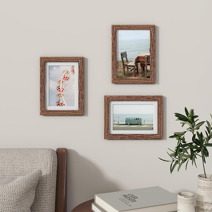 5x7 Picture Frame, Solid Oak Wood 5 x 7 Frame with Plexiglass, 5 by 7 Photo Frame for Wall & Tabletop Display, 5x7 Picture Frame Matted to 4x6, Walnut Color, 3 Pack