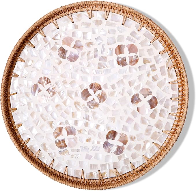 Round Rattan Tray with Mother of Pearl Inlay & Wooden Base - Decorative Wicker Serving Tray for Coffee/Bread/Fruits, Food Storage & Display - Multipurpose Home Decor (L,Four-Petal Flower)