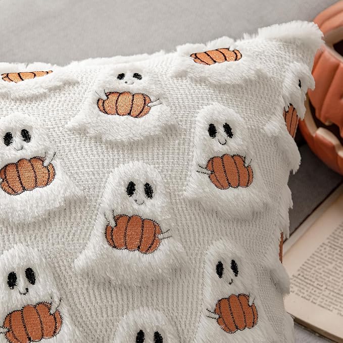 MIULEE Halloween Pillow Covers Decorative Fall Cute Ghost Plush Faux Fur Pillows 18x18 Inch Set of 2 Soft Pumpkin Accents for Sofa Couch Bed Living Room Festive Home Decor, White Rust