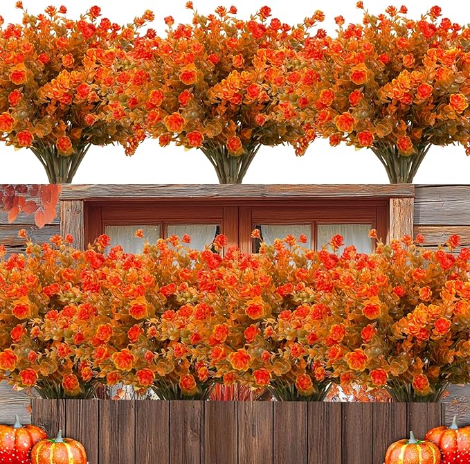 20 Bundles Artificial Fall Flowers for Outdoors Fall Decorations-UV Resistant Fake Mums Faux Plant Plastic Flowers Gardens Porch Fireplace Home Autumn Thanksgiving Decor(Brown Eucalyptus Flower)
