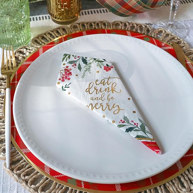 Kate Aspen 62pc Christmas Tableware Set Holiday Dinner Party Kit - 16pcs 7 inch & 9 inch Heavy Duty Disposable Party Plates, 30pcs 6.5 inch Durable Paper Napkins