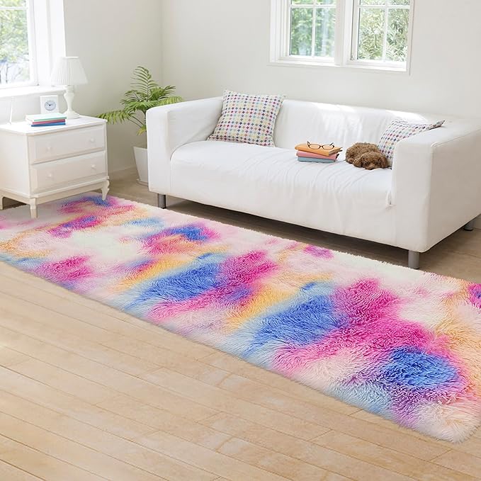 Fluffy Colorful Rug for Bedroom 2x8 ft Kawaii Tie-Dyed Area Rug Non Slip Cute Unicorn Kids Runner Rug for Girls Princess Teens Living Room Playroom Baby Nursery Decor Carpets