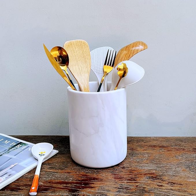 Handmand Natural Marble Stone Vintage Kitchen Utensil Holder - 5.1" D X 6.3" H Kitchen Counter Organizers and Storage Tool Crock (Jazz White)