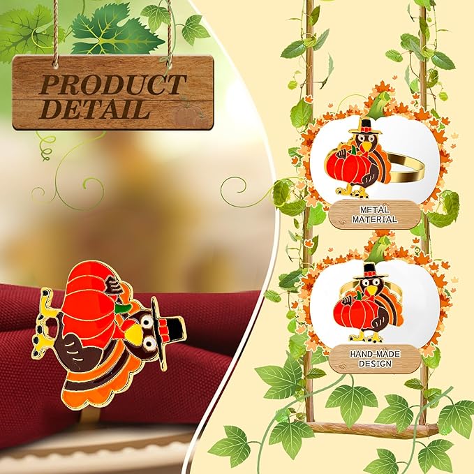 KPOSIYA Thanksgiving Napkin Rings Set of 24, Turkey Napkin Rings Vintage Alloy Fall Napkin Holders for Holiday Dinner Parties, Weddings, Family Gatherings