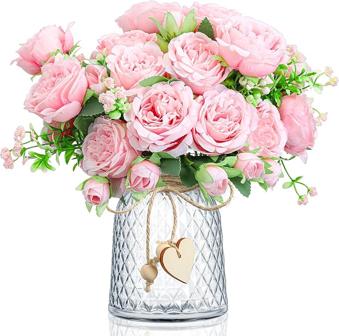 Geosar 2 Bundles Artificial Peonies Flowers Fake Silk Peony Bouquet Faux Peonies Flowers Bulk for Decoration Vase Florals Arrangements Wedding Party Table (Pink)