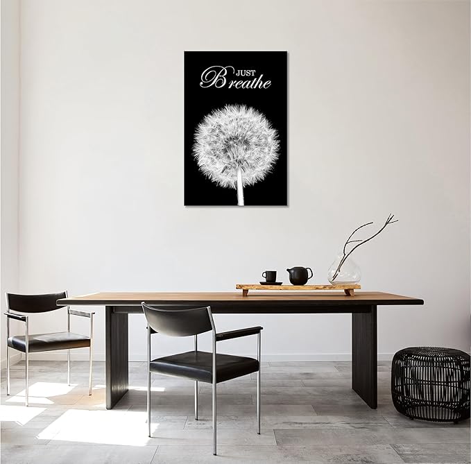 YIOZHAOFH Black Dandelion Picture Artwork Bedroom Decoration Just Breathe Canvas Painting Photo Relaxing Bathroom Art Wall Decor Framed for Home Meditation Room Office Dorm (12L x 16W)