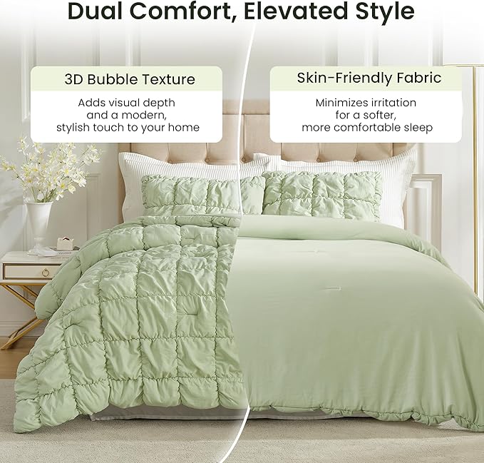 Amelie Home Sage Green Bubble Comforter Set King Size, 3 Pieces Ultra Soft Cozy Bedding Set for All Seasons, Farmhouse Luxury Gift for Women Home Decor, 106 x 90 inches