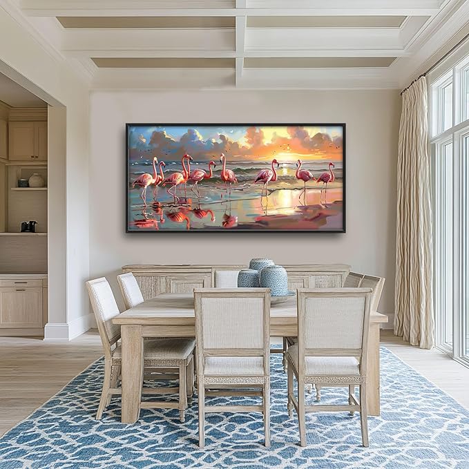 Flamingo Large Wall Art Coastal Beach Sunrise Pictures Wall Decor Seascape Canvas Print Painting Artwork for Bathroom Living Room Bedroom 60L"x30W"