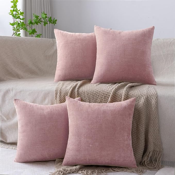 Set of 4 Soft Textured Decorative Throw Pillow Covers 20x20 Inch Cozy Farmhouse Cushion Cover Square Accent Pillow Cases for Bed Couch Sofa Living Room, Light Pink