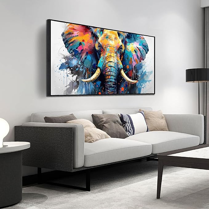 ZHAOSHOP Elephant Wall Art for Living Room - Blue Canvas Wall Art for Office - Teen Bedroom Decor Boys with Black Framed Size 24" x 48"