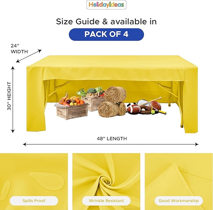 HolidayIdeas Open Back Fitted Tableclothss for 4 Foot Rectangle Table, Wrinkle Resistant Washable Table Covers 24x48 Inch for Craft Fairs, Banquets, Trade Show Display, Yellow,4 Pcs