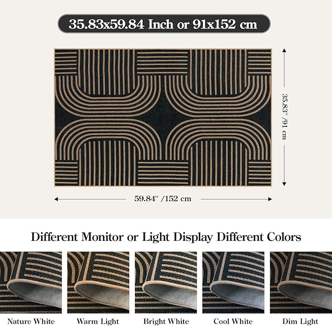Lahome Modern Geometric Outdoor Easy Jute Rug, 3x5 Indoor Outdoor Rugs for Entryway Black Living Room Carpet, Farmhouse Washable Non Slip Carpet for Patio Courtyard Bedroom