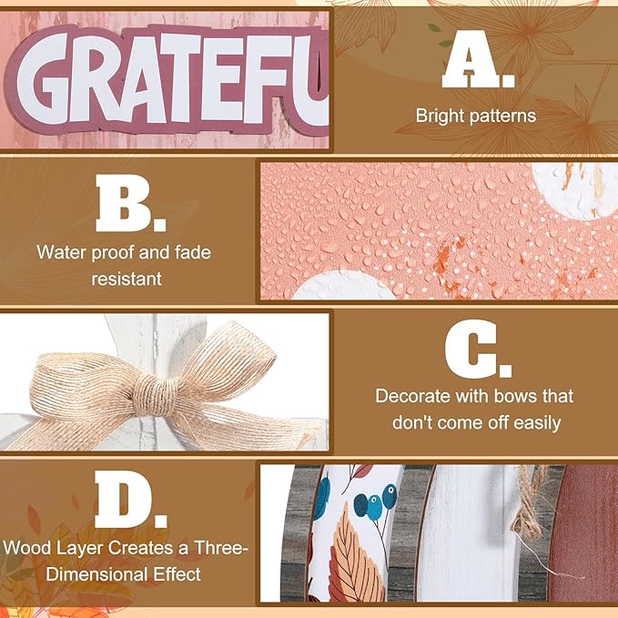 Bucherry 5 Set Fall Porch Decoration Pumpkin Wood Porch Standings Thankful Grateful Blessed Hello Fall Welcome Sign Decor with Base for Thanksgiving Festival Home Front Door Garden(Morandi Style)