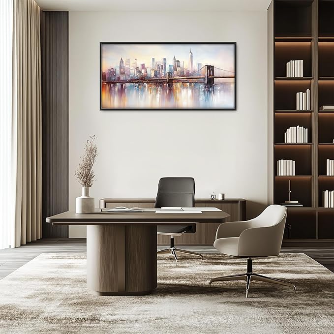 Olivine Large Wall Art, Brooklyn Bridge Pictures Wall Decor, New York Cityscape Canvas Prints Painting, Framed Artwork for Bathroom Bedroom Living Room Office Home Decoration 60"x30"