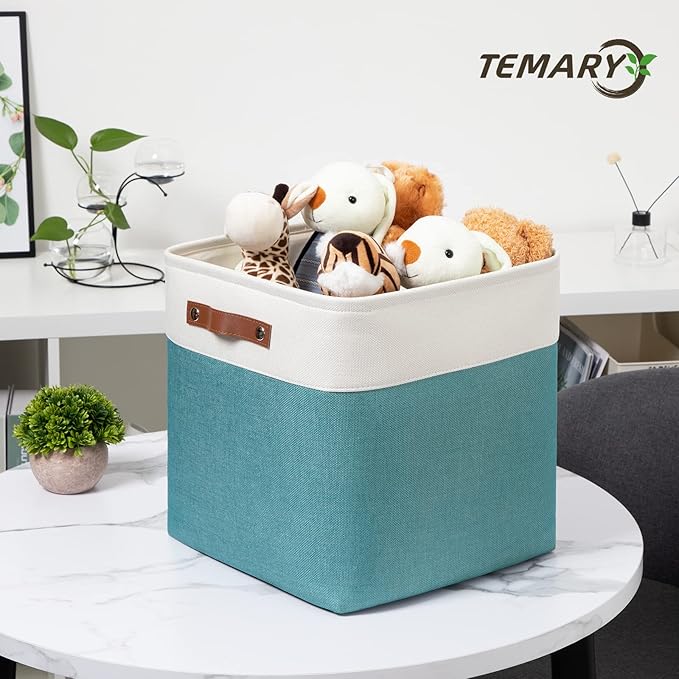 Temary Fabric Storage Cubes 13x13 Storage Baskets for Organizing, 4Pack Large Fabric Storage Bins with Handles Cube Storage Baskets for Storage Clothes, Books (White&Teal)