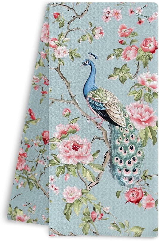 Chinoiserie Floral Peacock Kitchen Towels - Blue Decorative Hand Towels for Kitchen and Bathroom Decor - 16x24 Inches