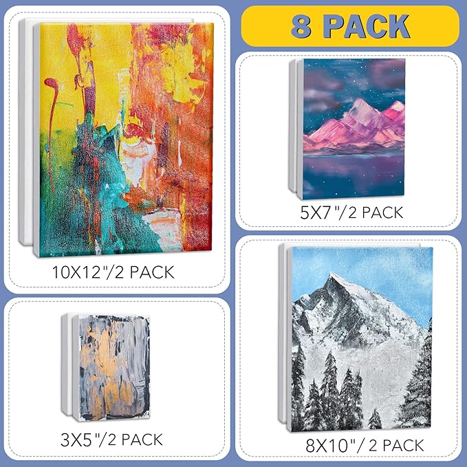 Stretched Canvases for Painting, 8PCS Multi Pack Canvas 3x5”, 5x7”, 8x10”, 10x12”(2 of Each), Acid-Free Wood Frame Blank Canvas, Art Canvas Pre Primed for Acrylic, Oil Painting, Tempera Paintings.