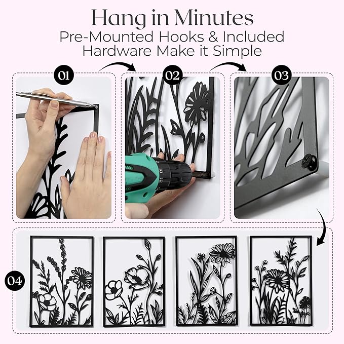 GALLERY GRACE Floral Metal Wall Art for Living Room - 4 Pieces, 16" x 11" Handmade Floral Metal Wall Decor for Bedroom, Living Room, Office - Modern, Boho, Minimalist Style