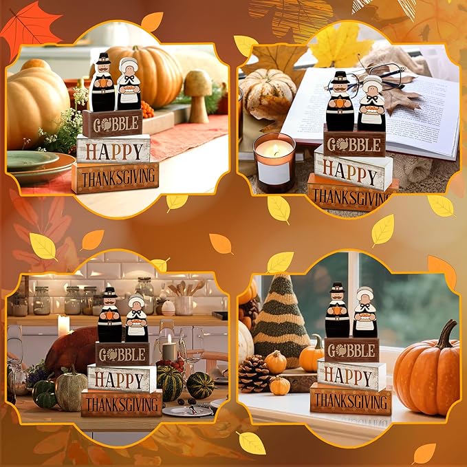 4 Pcs Fall Decoration for Home Wooden Pilgrim Couple Thanksgiving Tiered Tray Decor Fall Centerpiece Rustic Decorative Pilgrim Block Sign Gift Farmhouse Autumn Table Decor for Home Kitchen