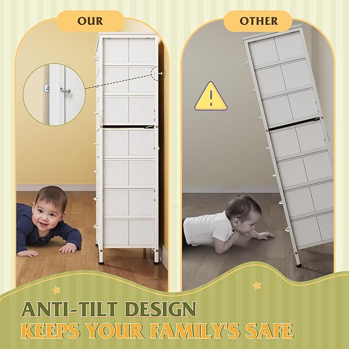 WLIVE White Tall Dresser for Bedroom, 7 Drawer Dressers & Chests of Drawers, Fabric Dresser for Closet, Living Room, Night Stand with Metal Frame, Storage Tower with Fabric Bins, Wood Top