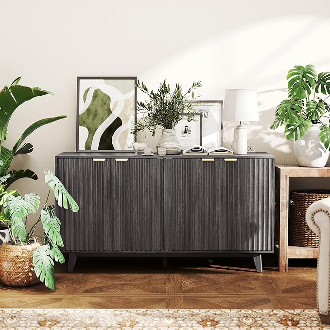 HOMCOM Fluted Sideboard Buffet Cabinet, 55" Modern Accent Console Cabinet with 4 Doors, 2 Adjustable Shelves and 5 Wood Legs, Dark Gray