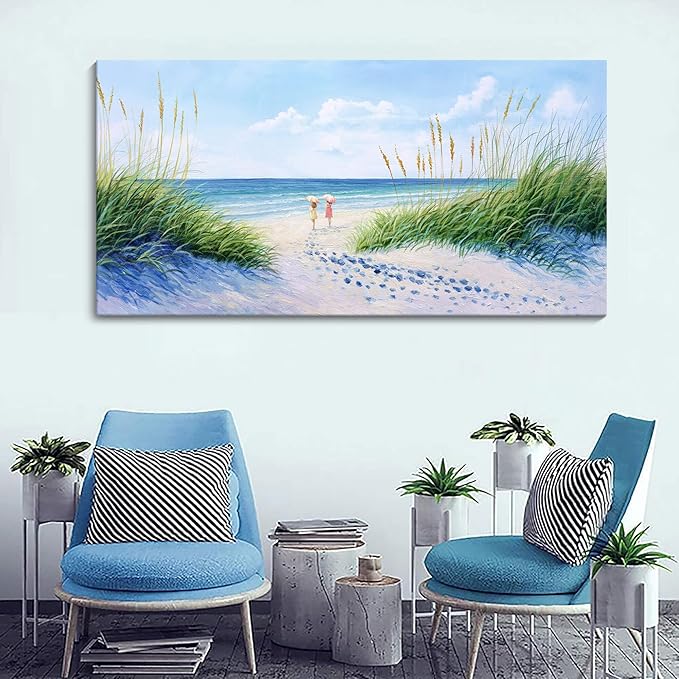 Coastal Wall Art - Large Landscape Wall Art for Living Room, Bedroom Pictures, Ocean Beach Artwork, Blue Wall Art, Above Bed Decor, Coastal Landscape Wall Art,Framed Beach Pinting 29×58IN