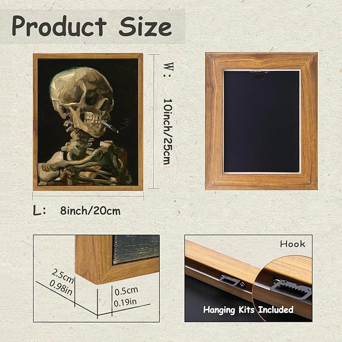 KBKBART Framed Canvas Wall Art Skull of a Skeleton with Burning Cigarette Van Gogh Art Print, Dark Academia Wall Decor Gothic Wall Art for Halloween, Living Room, Bedroom, Office, Bathroom, Gothic