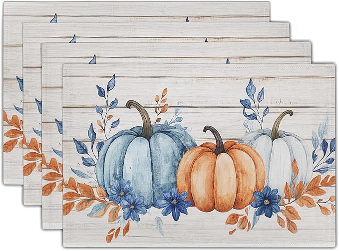 Fall Placemats 12×18 Inches Set of 4 Blue Orange Pumpkin Thanksgiving Festival Indoor Kitchen Dining Table Place Mats for Home Party Decoration