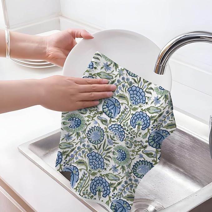 Sage Green Blue Boho Kitchen Towels 16x24 Inch Vintage Floral Decor Dish Towels Flower Spring Summer Seasonal Decoration Hand Towel Absorbent Dish Cloths for Home Kitchen Dining Set of 2