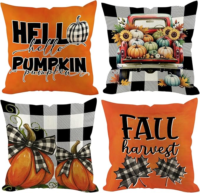 Fall Pumpkin Pillow Covers 18x18 inch Set of 4, Linen Autumn Outdoor Thanksgiving Harvest Farmhouse Buffalo Check Truck Orange Decorations for Sofa Couch
