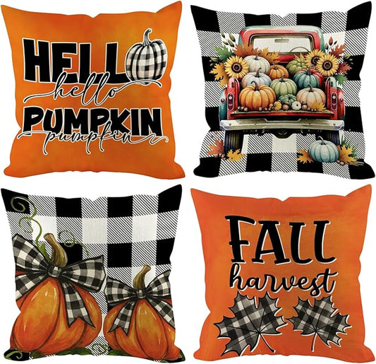 Fall Pumpkin Pillow Covers 18x18 inch Set of 4, Linen Autumn Outdoor Thanksgiving Harvest Farmhouse Buffalo Check Truck Orange Decorations for Sofa Couch