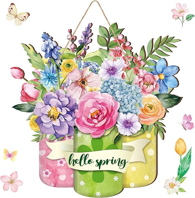 Spiareal Spring Welcome Sign Spring Flower Decor Wood Hanging Door Sign Outdoor Decorations for Farmhouse Porch Front D Decoration