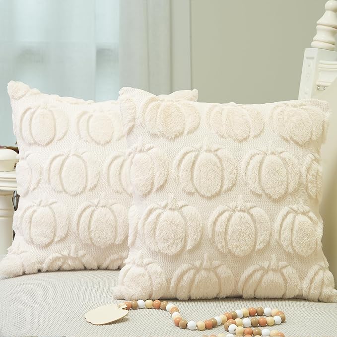 GEEORY Fall Pumpkins Soft Plush Pillow Covers, 20 x 20 Inch Set of 2, Fluffy Faux Fur Wool Decorative Farmhouse Cushion Case for Sofa Home Decoration Beige Pumpkin GC020-20