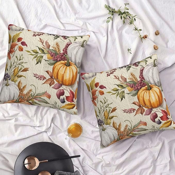 Fall Pumpkin Pillow Covers 16x16 inch Set of 2, Linen Autumn Outdoor Thanksgiving Harvest Leaves Rustic Farmhouse Decorations for Sofa Couch