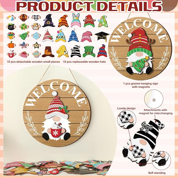 Qunclay Interchangeable Wooden Gnome Decor Holiday Seasonal Gnome Decorations with Magnet Pieces and Detachable Hats Changeable Welcome Sign for Home(Delicate Style)