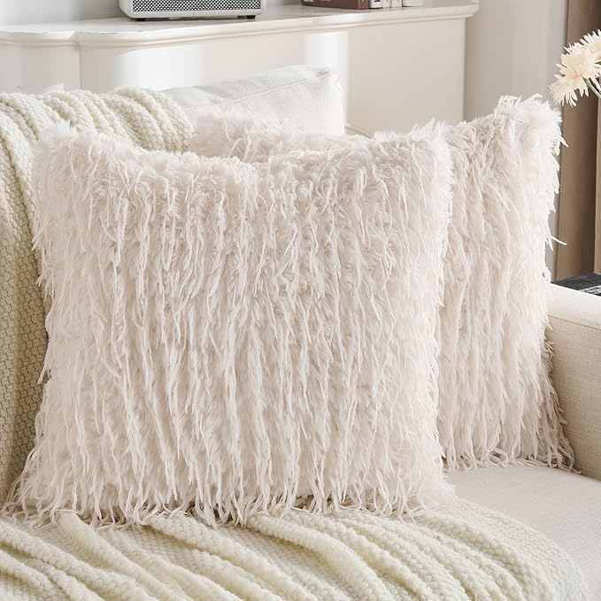 FUTEI Cream White Decorative Throw Pillow Covers 20x20 Inch Set of 2,Soft Fluffy Faux Feather Texture Cushion Cases,Modern Home Luxury Decor for Couch Bed Living Room